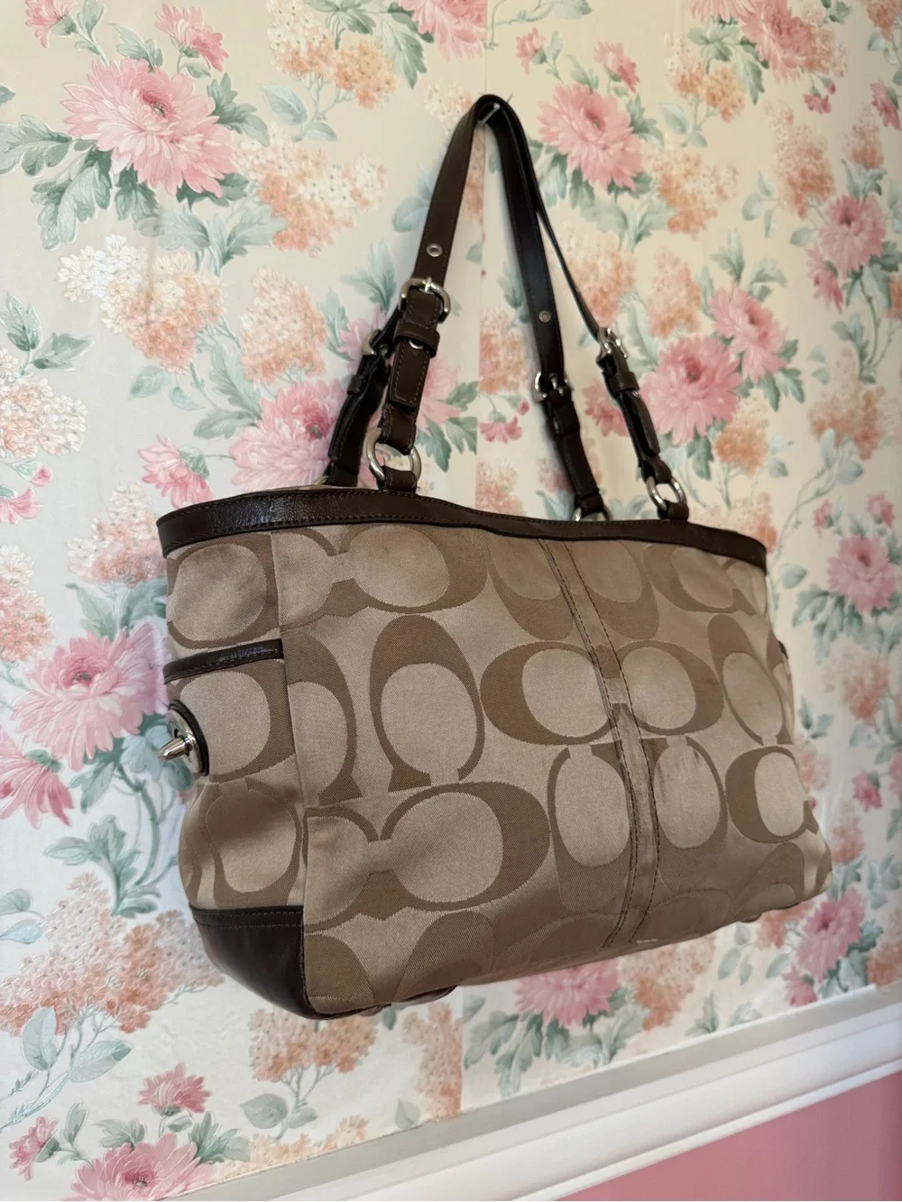Coach Beige and Brown Signature Canvas Shoulder Bag